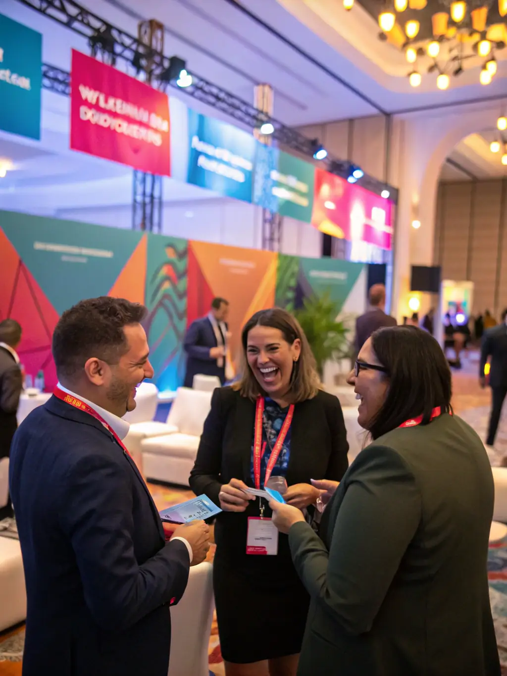 A high-angle shot of a bustling conference floor, showcasing attendees networking and engaging with exhibitors, emphasizing the opportunities for making valuable connections.